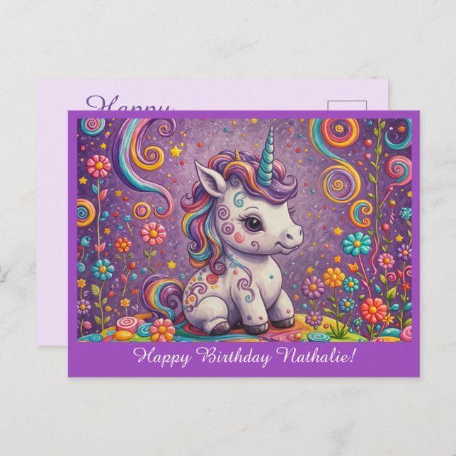 Carte d'anniversaire licorne bébé mignonne violet (Devant / Derrière)