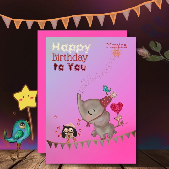 Carte d'anniversaire mignonne Elephant & souris ro (Cute Elephant & Mouse Pink Birthday Card)