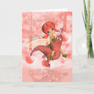 Carte d'anniversaire mignonne fille, dragon rose e