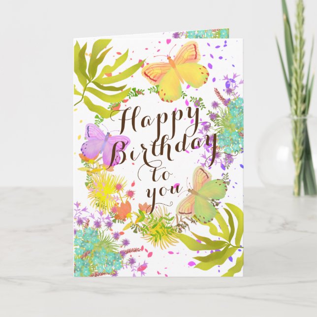 Carte d'anniversaire Papillons Floraux. (Devant)