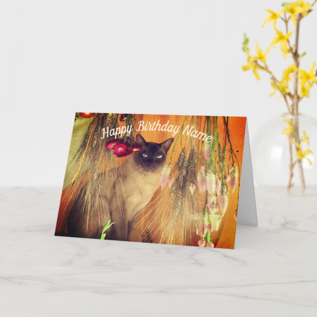 Carte d'anniversaire personnalisée Chat 3 de Siame (Fleur jaune)