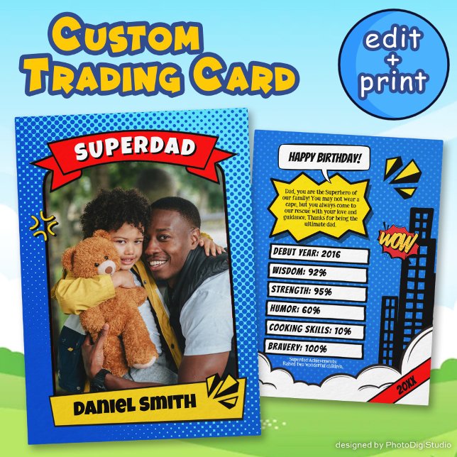 Carte d'anniversaire personnalisée Comic Superdad  (Custom Birthday Card Comic Super Dad Trading Card)