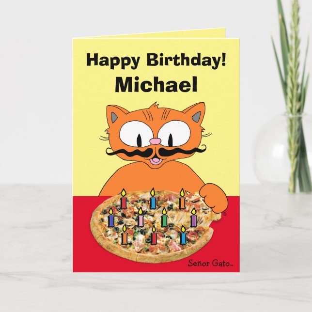 Carte d'anniversaire personnalisée Fête Pizza Chat (Devant)