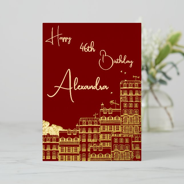 Carte d'anniversaire personnelle Maroon & Gold nom (Debout devant)