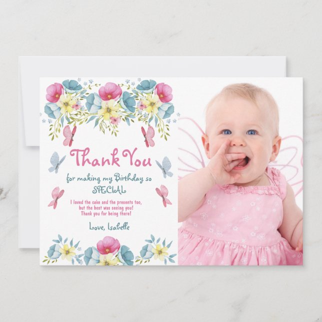 Carte d'anniversaire Photo Fleurs Roses Papillons (Devant)