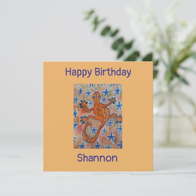 Carte d'anniversaire plate Orange Gecko (Debout devant)