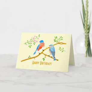 Carte d'anniversaire pliée jaune des merles bleus