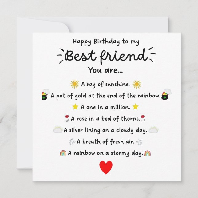 Carte d'anniversaire pour la meilleure amie Poème (Devant)