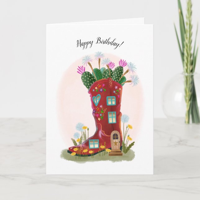 Carte d'anniversaire Red Cowboy Boot and Cactus (Devant)