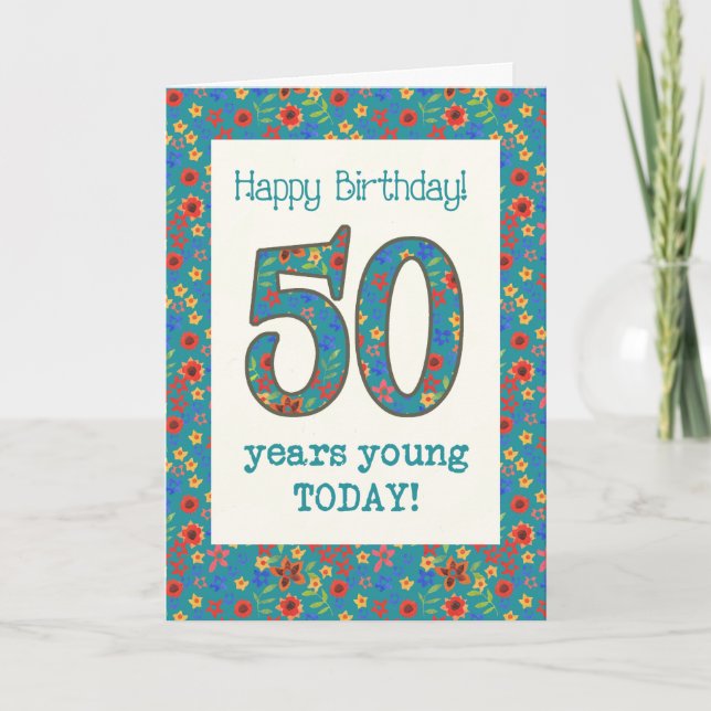 Carte d'anniversaire Retro Floral 50 ans Jeune (Devant)