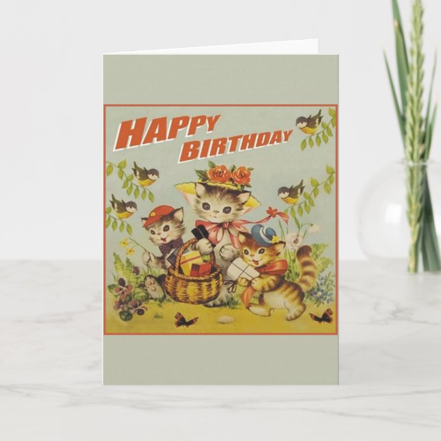 Carte d'anniversaire Retro Kittens Oiseaux et papi (Devant)