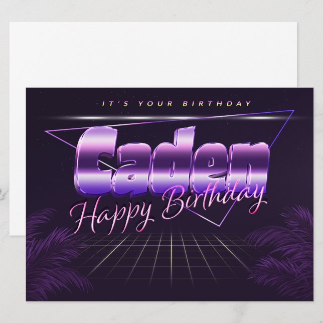 Carte d'anniversaire rétro lilas avec prénom Caden (Devant / Derrière)