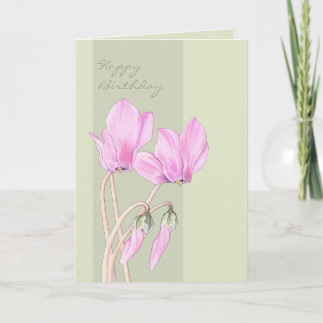 Carte d'anniversaire rose Cyclamens verte (Devant)
