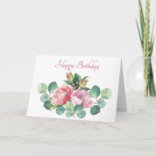 Carte d'anniversaire rose et Eucalyptus Watercolor (Devant)