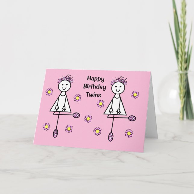 Carte d'Anniversaire Rose Jumeaux Cartoon Girls (Devant)