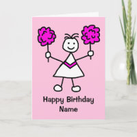 Carte d'anniversaire rose Pom-pom girl fille migno