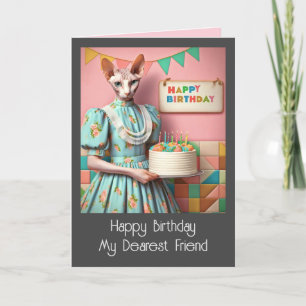 Carte d'anniversaire Sphynx Chat Lady avec Gâtea