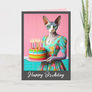 Carte d'anniversaire Sphynx Chat Lady avec Gâtea