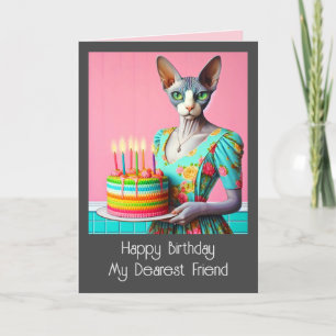 Carte d'anniversaire Sphynx Chat Lady avec Gâtea