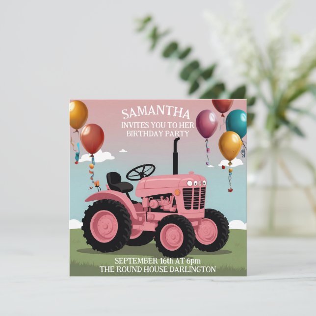 Carte d'anniversaire Tracteur Rose Mignon  (Debout devant)