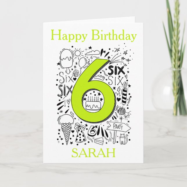 Carte d'anniversaire verte de 6 ans (Devant)