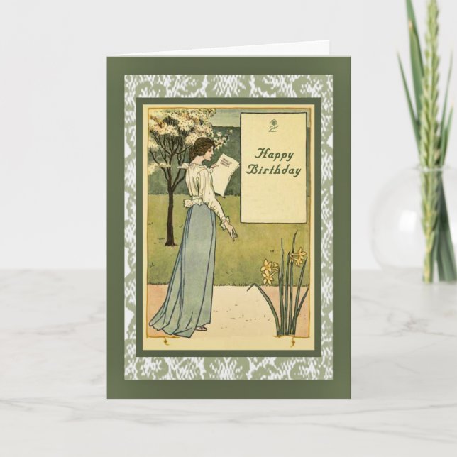 Carte d'anniversaire vintage avec élégante dame (Devant)