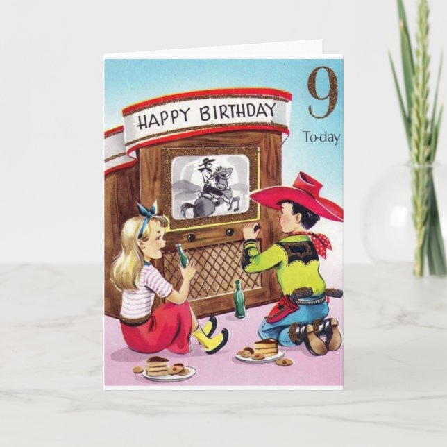 Carte d'anniversaire vintage Cowboy Neuf Ans (Devant)