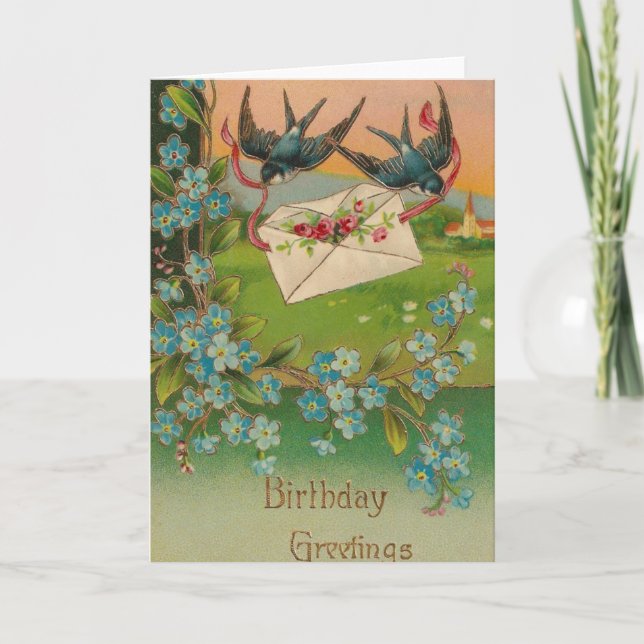Carte d'anniversaire vintage Oiseaux et Fleurs (Devant)