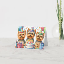 Carte d'anniversaire Yorkie Puppy avec Casquettes