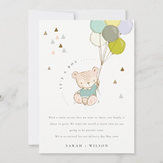 Carte d'annonce de bébé avec ballon en forme d'our (Devant)