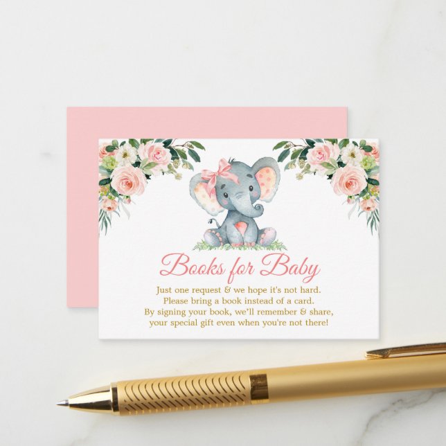 Carte d'annonce de douche éléphant floral rose (Devant/Arrière en situation)