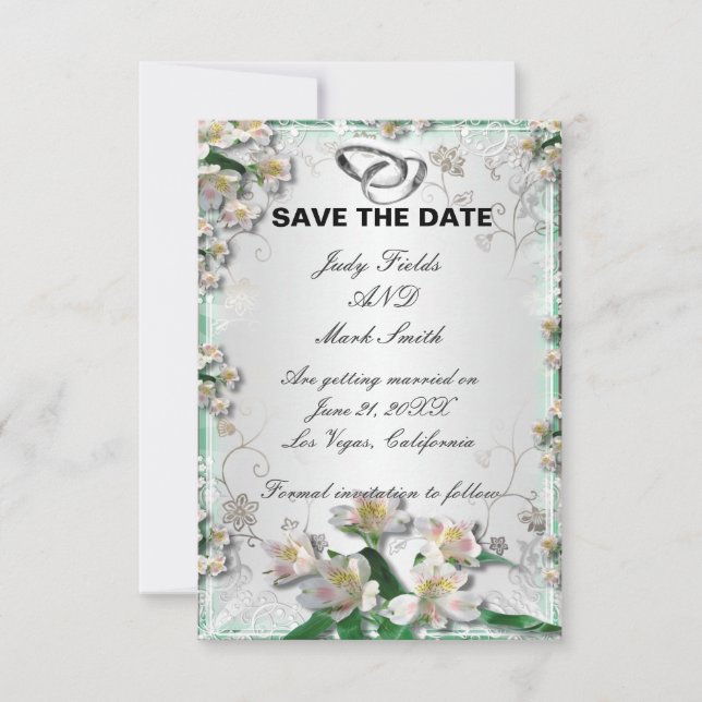 Carte d'annonce de mariage élégante à fleurs blanc (Devant)