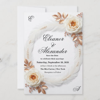 Carte d'annonce de mariage élégante blanche et ora