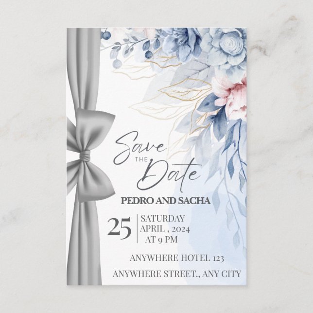 Carte d'annonce de mariage élégante bleue florale  (Devant)