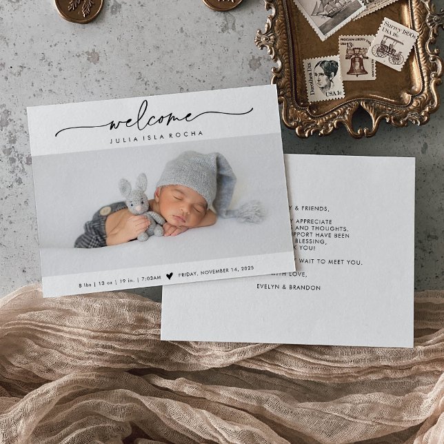 Carte d'annonce de naissance avec photo de bienven (Créateur téléchargé)
