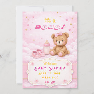 Carte d'annonce de naissance de bébé fille avec un