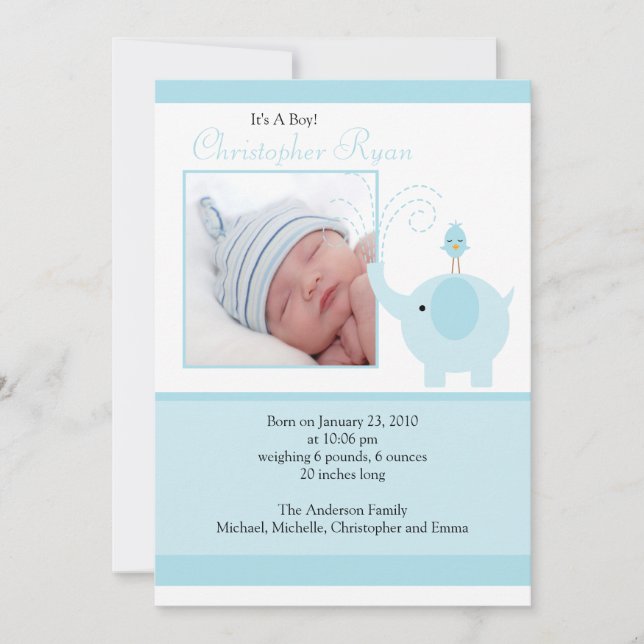Carte d'annonce de naissance de bébé garçon élépha (Devant)