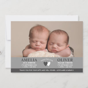 Carte d'annonce de naissance de jumeaux/remercieme