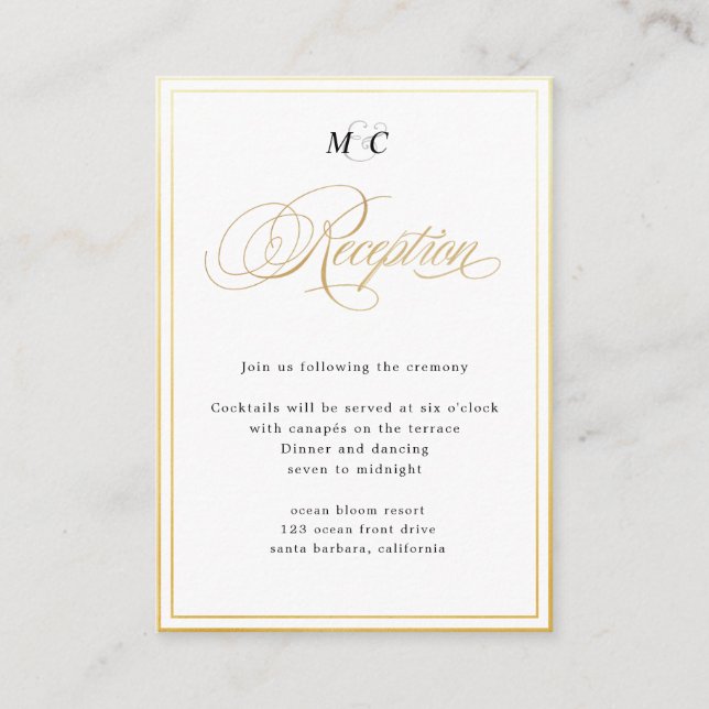 Carte d'annonce de réception en calligraphie dorée (Devant)