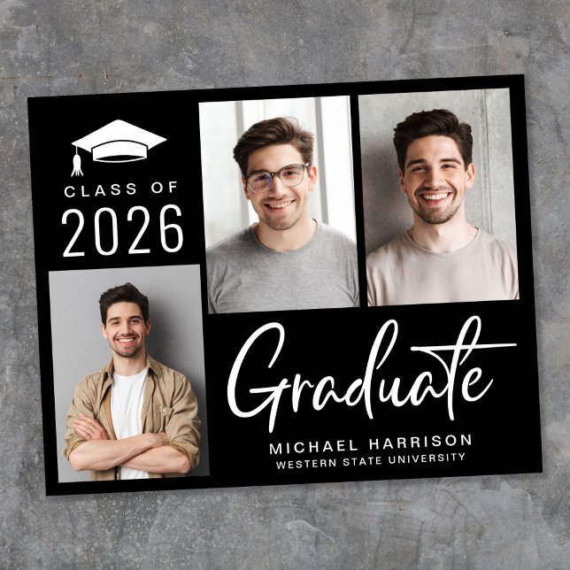 Carte d'annonce de remise de diplôme noire avec 3  (Cherish the milestone: share your graduate's achievement with a custom photo graduation announcement)