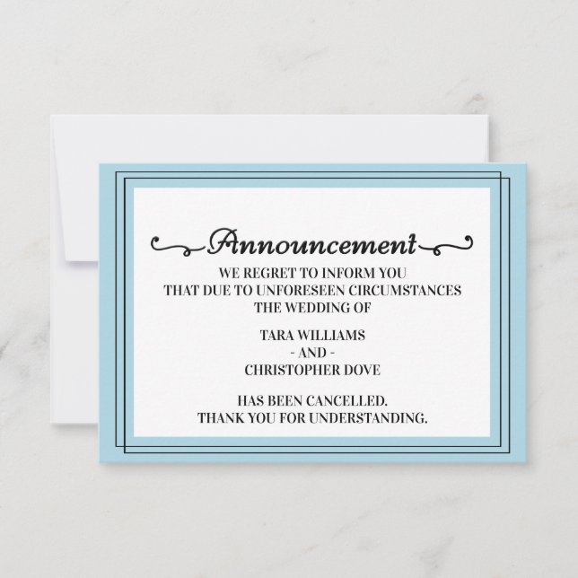 Carte d'annulation d'annonce de mariage bleu puris (Devant)