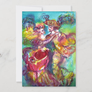 Carte DANSE DE CARNAVAL, rose bleu jaune vibrant paillet