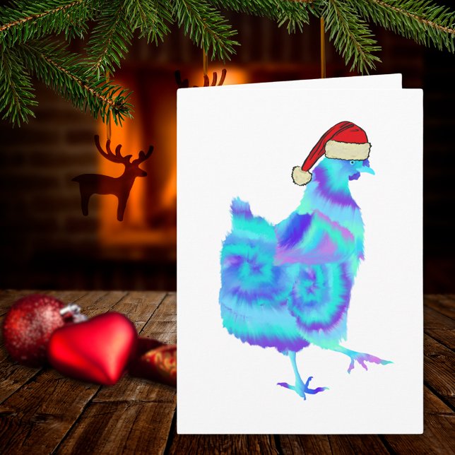 Carte Danse de Noël de la Poule Drôle Funky Festive (Christmas hen wearing a Santa hat colorful chicken dance farm animal art holiday greeting card)