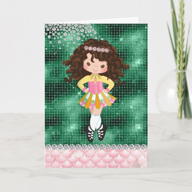 Carte Danse irlandaise personnalisée Brunette Girl Birth (Devant)