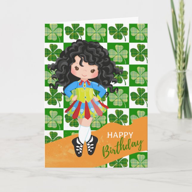 Carte Danse irlandaise shamrock Black Hair Girl Annivers (Devant)