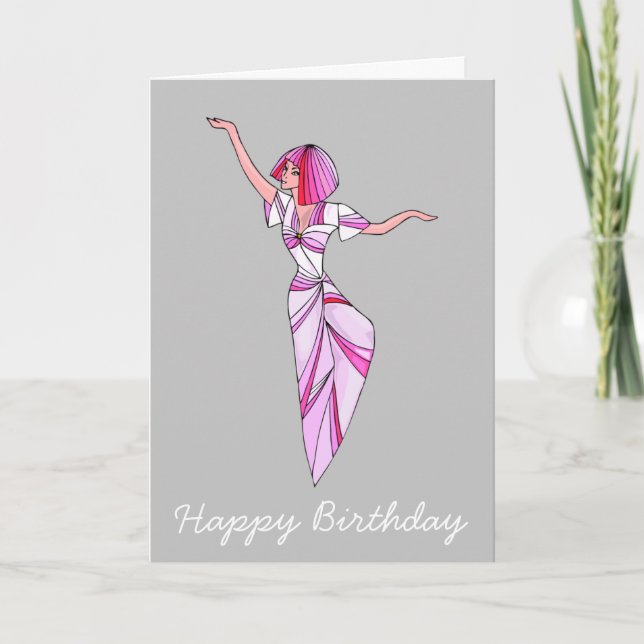 Carte Danseur rose funky fille avec cheveux roses (Devant)