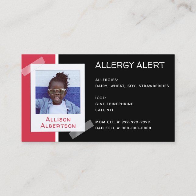 Carte D'appel Alerte allergique Enfants Photo Médicale Urgence g (Devant)