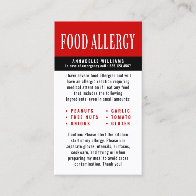Carte D'appel Alerte d'allergie alimentaire (Devant)