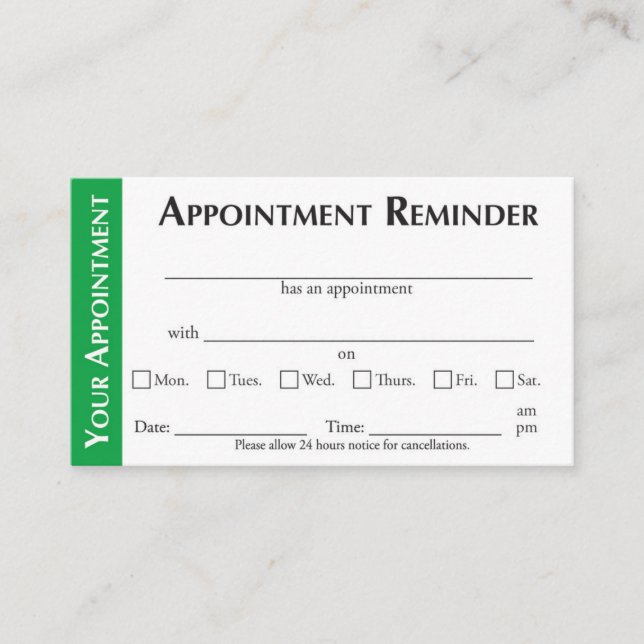 Carte D'appel Appointment Reminder Cards - Green (Devant)