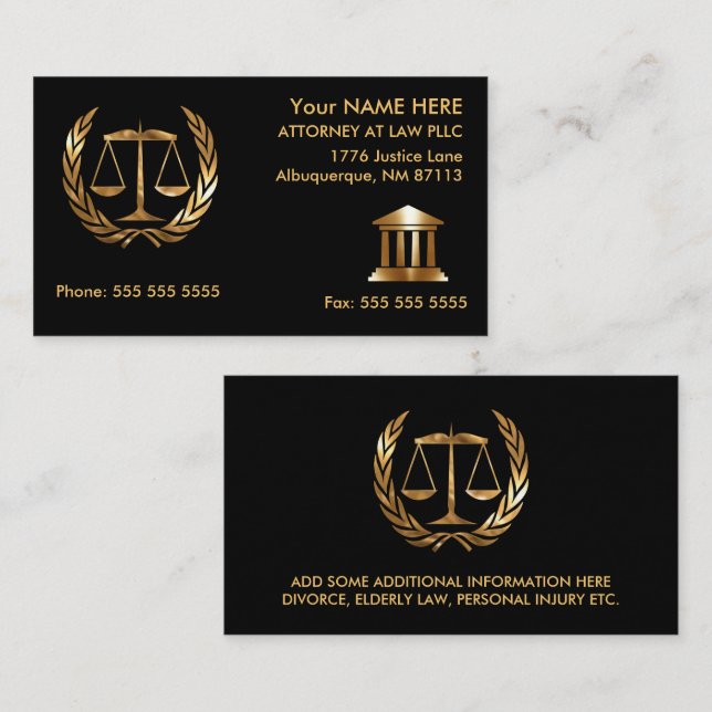 Carte D'appel Avocat à Law Black and Gold (Devant / Derrière)